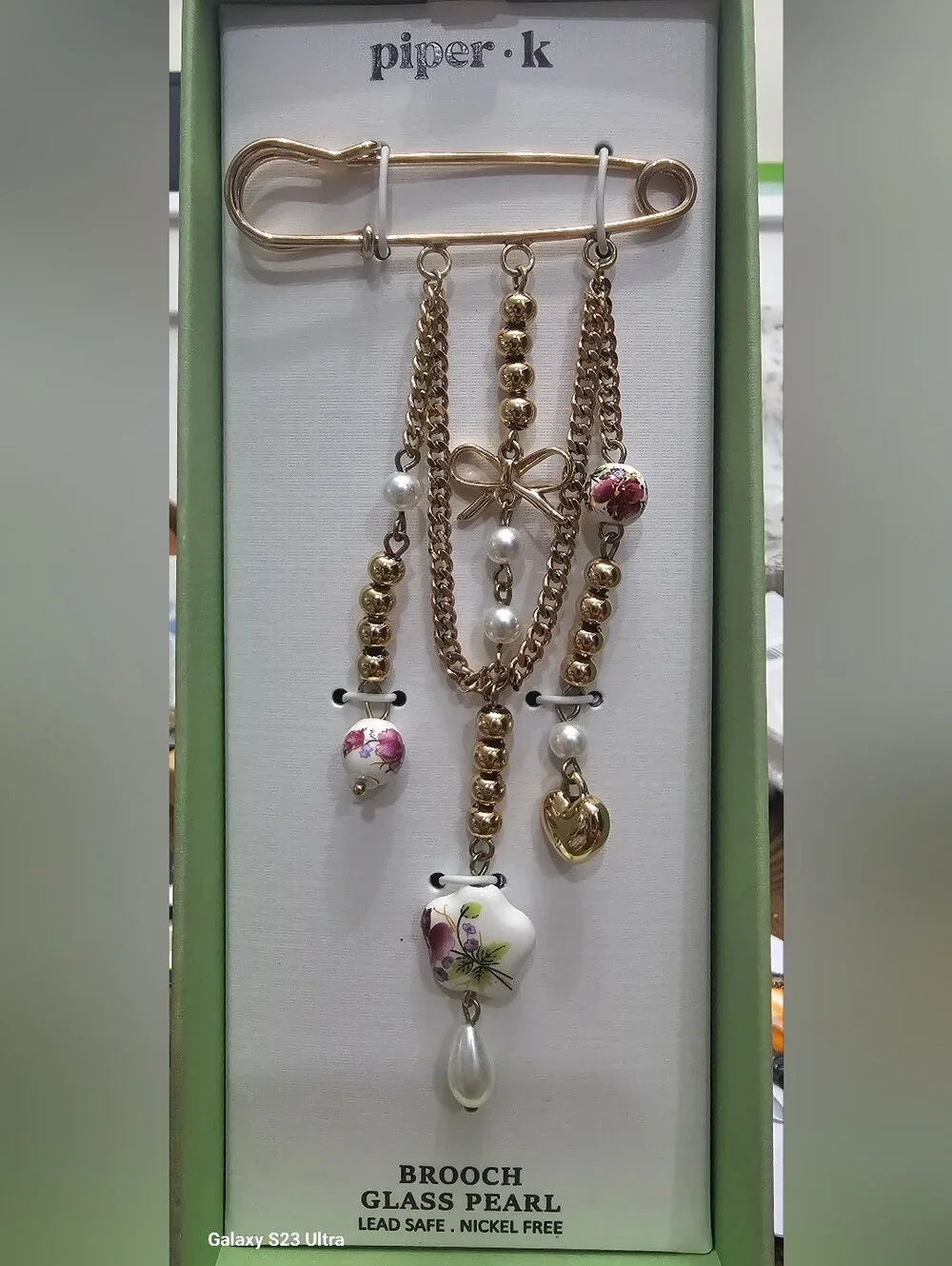 NWT Piper K Gold Charm Brooch Safety Pin Glass Pearl Floral Heart NEW